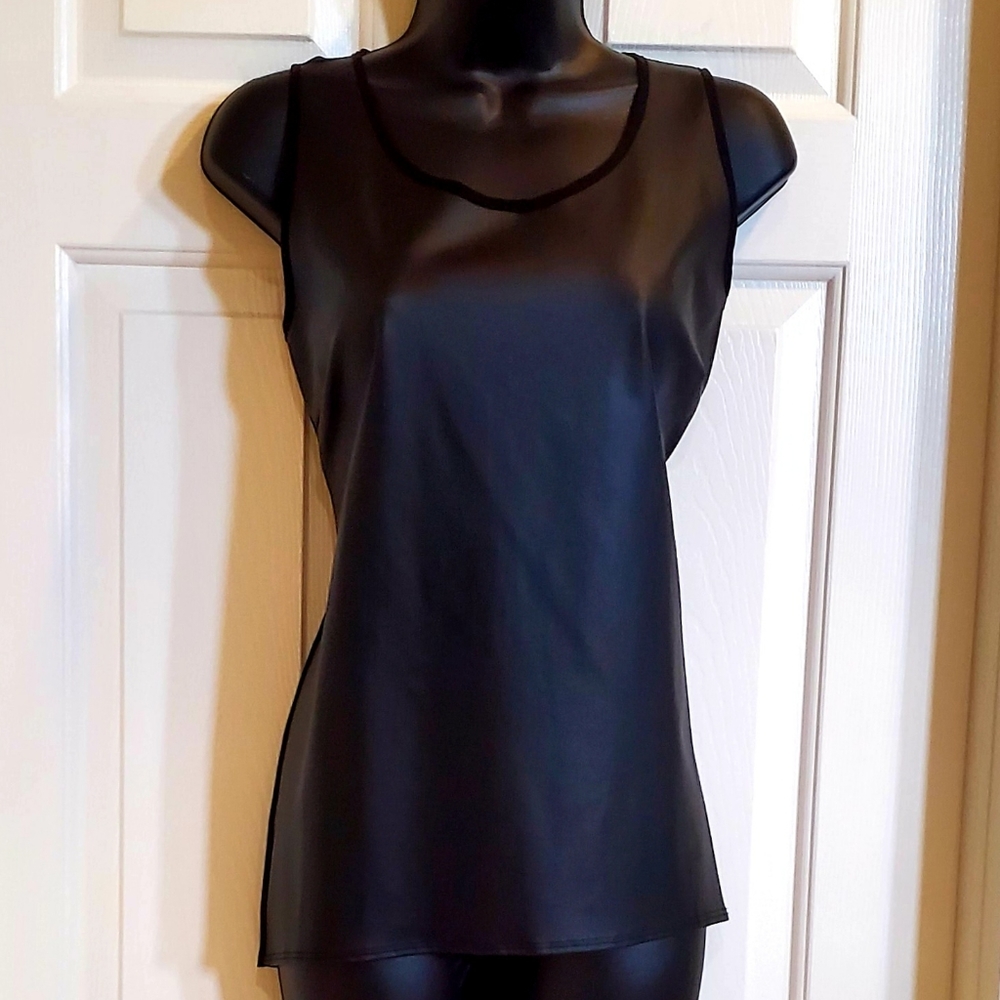 Faux Leather and Shear Shirt w/Zipper Back